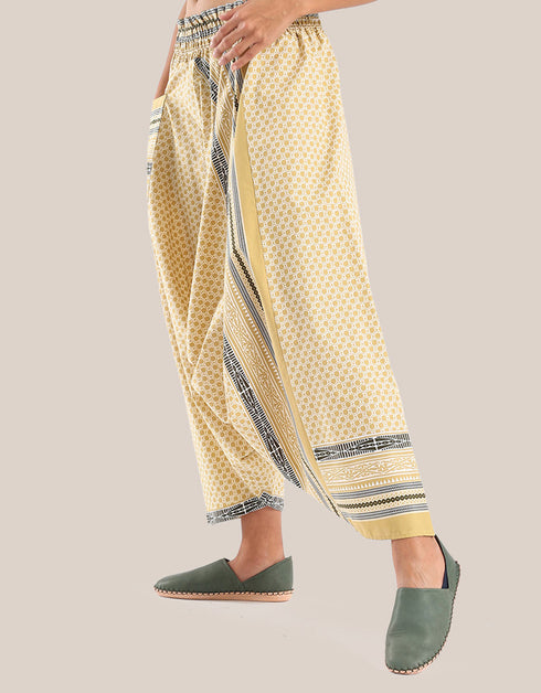Harem pants with a wide elastic waistband